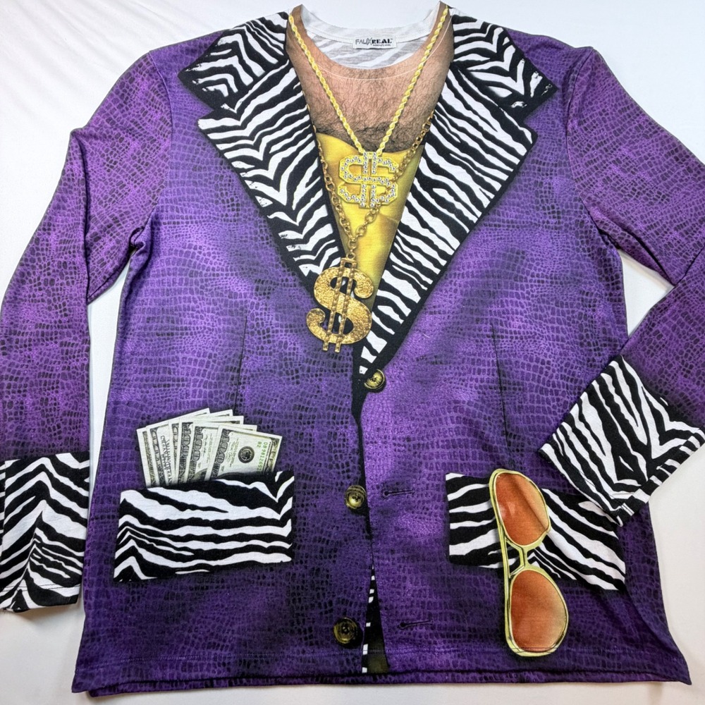 Faux Real Pimp Costume Shirt Mens L Purple Zebra Blazer Money Graphic Rhinestone